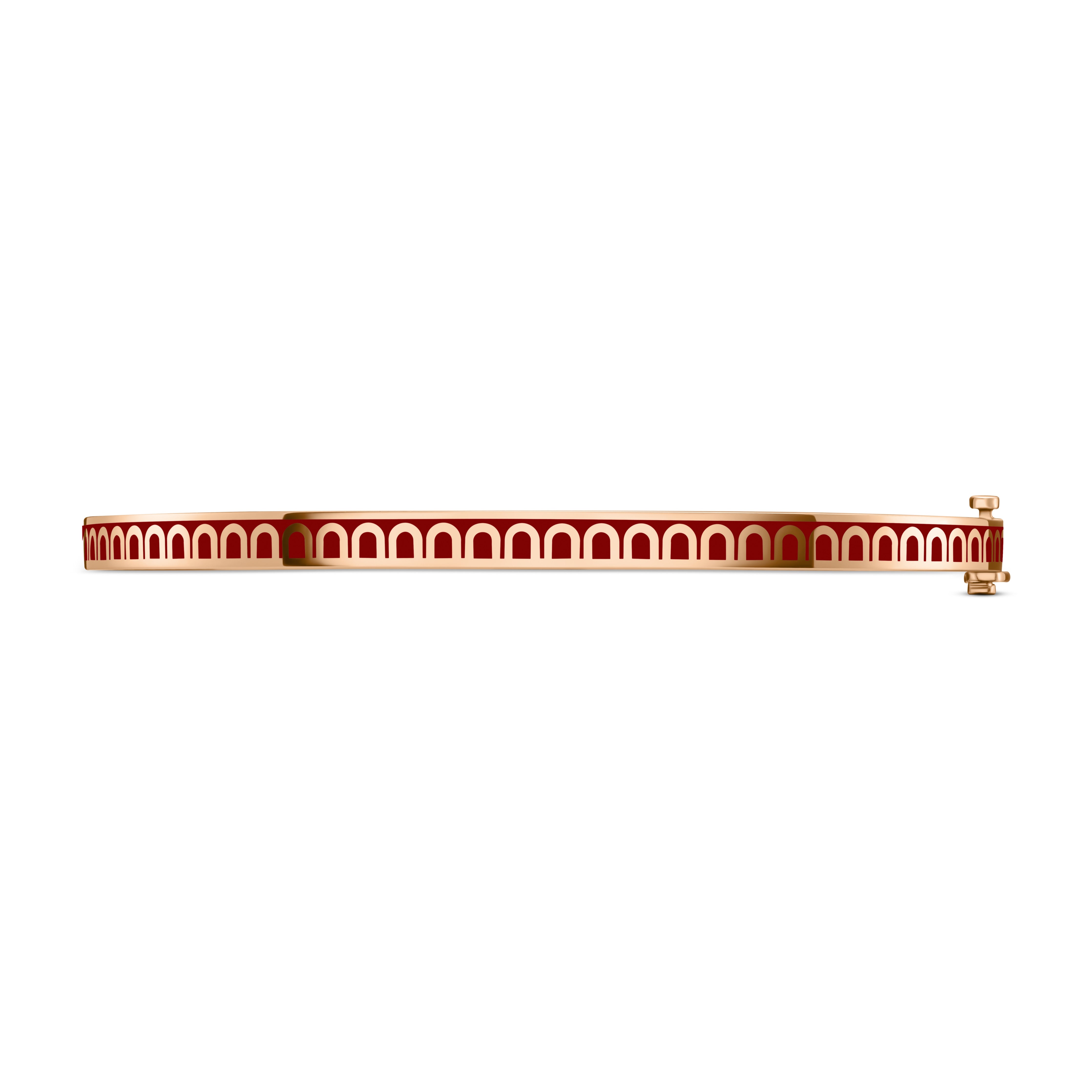 The L’Arc de DAVIDOR Bangle Mini, 18k Rose Gold with Lacquered Ceramic, is a slim, stackable bracelet featuring a red and gold repeating arch motif, displayed from the side against a white background.