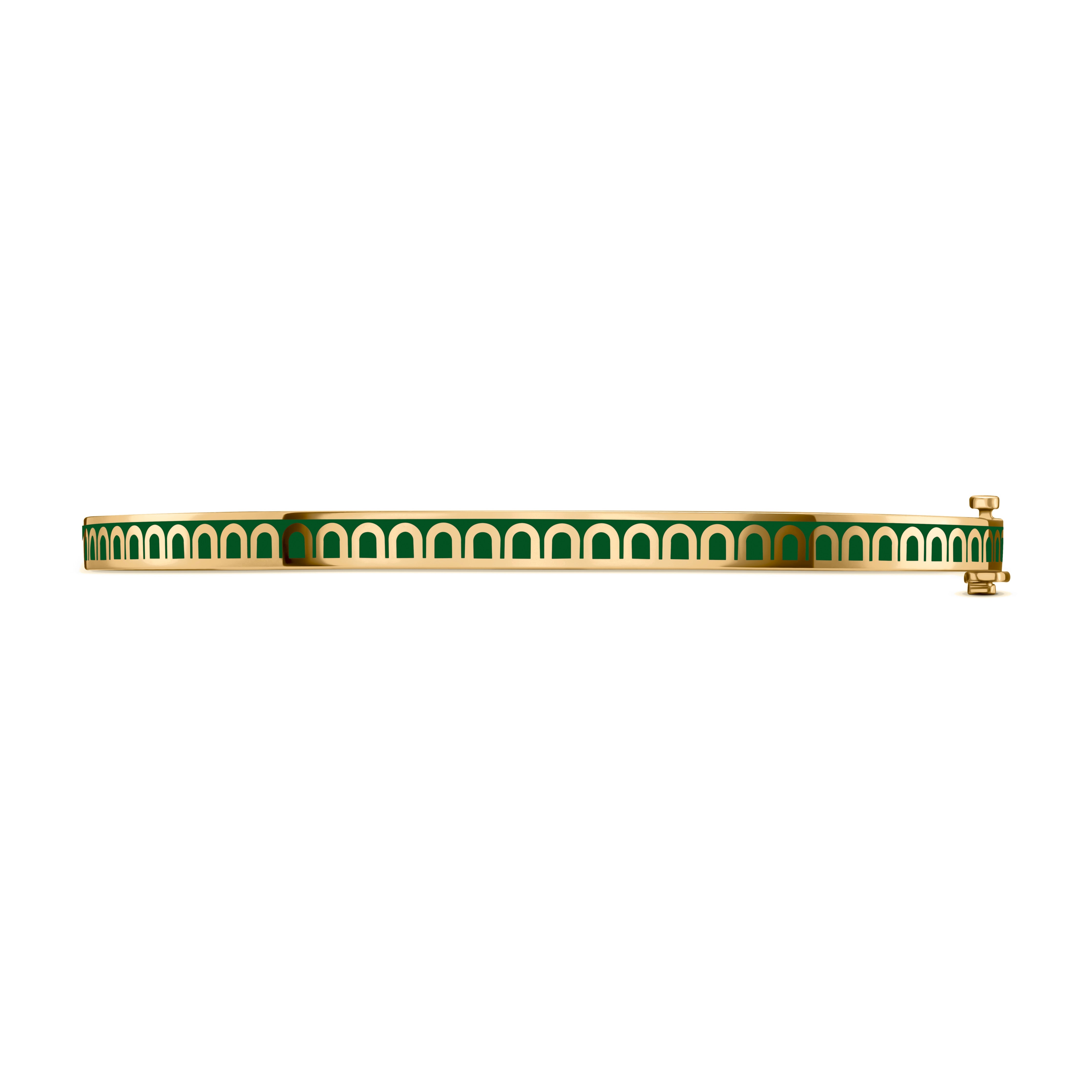 The L’Arc de DAVIDOR Bangle Mini, 18k Yellow Gold with Lacquered Ceramic, features a green enamel exterior with a gold arch motif and a visible clasp on the right. Shown stackable on a white background.