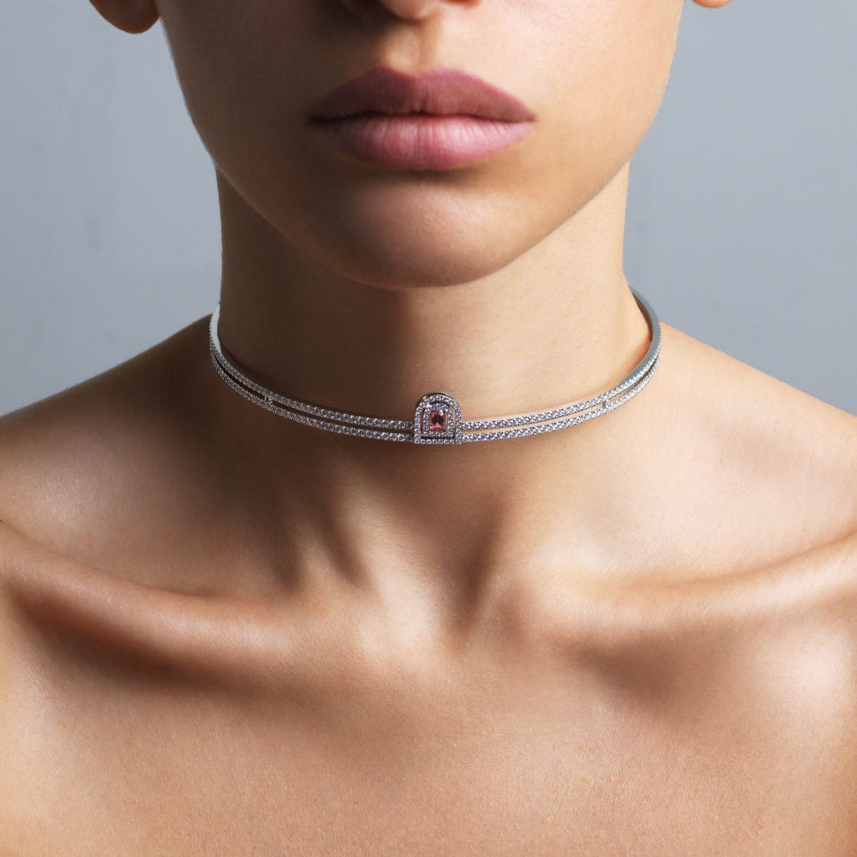 Couleur Sculptural Choker, 18k White Gold with DAVIDOR Arch Cut Pink Tourmaline and Brilliant Diamonds - DAVIDOR