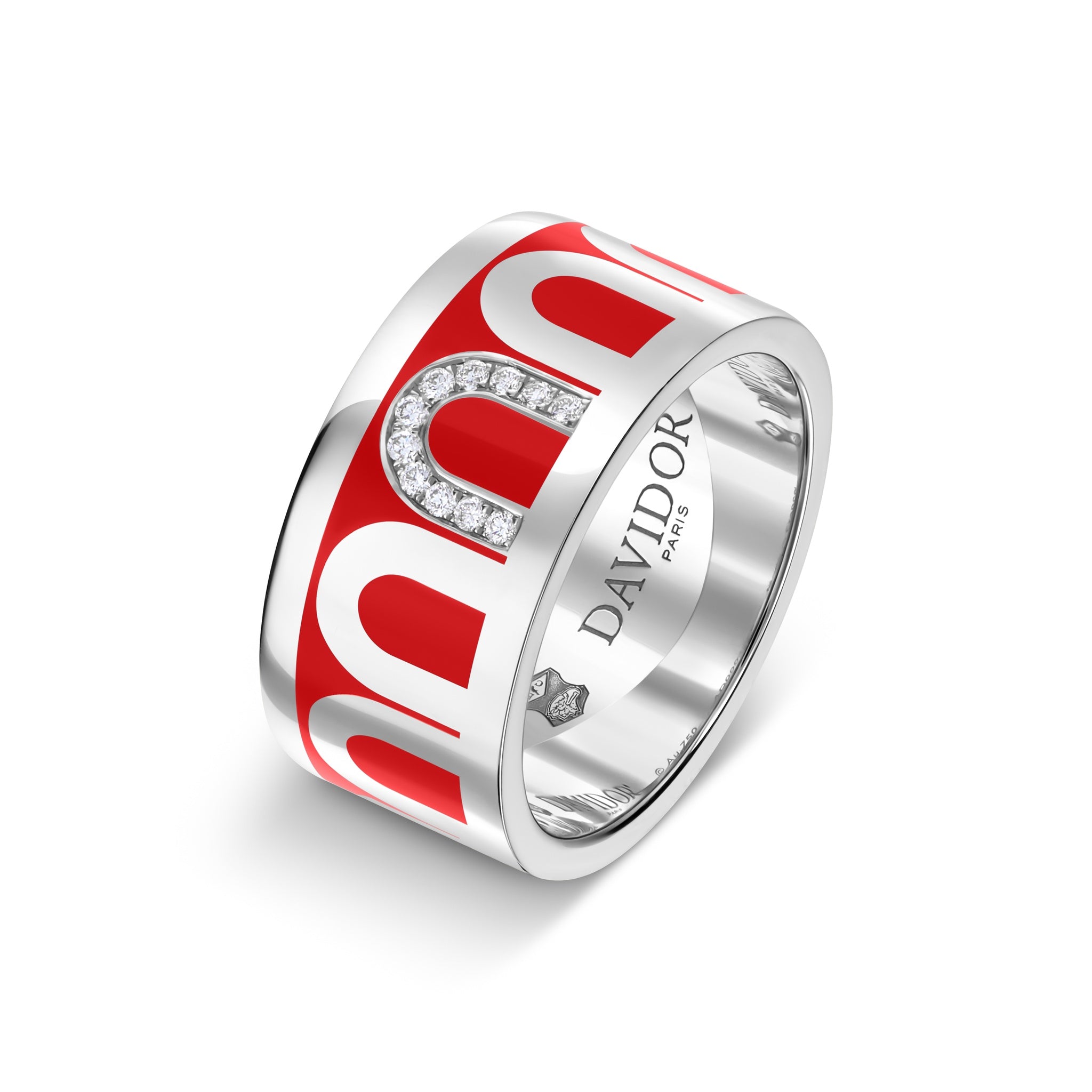 L'Arc de DAVIDOR Ring GM, 18k White Gold with Fraise Lacquered Ceramic and Porta Simple Diamonds - DAVIDOR