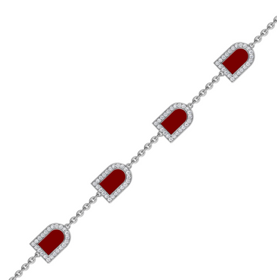 L'Arc Voyage Necklace, 18k White Gold with 7 MM and GM Motifs, with DAVIDOR Bordeaux Lacquered Ceramic and Galerie Diamonds, 42cm - DAVIDOR