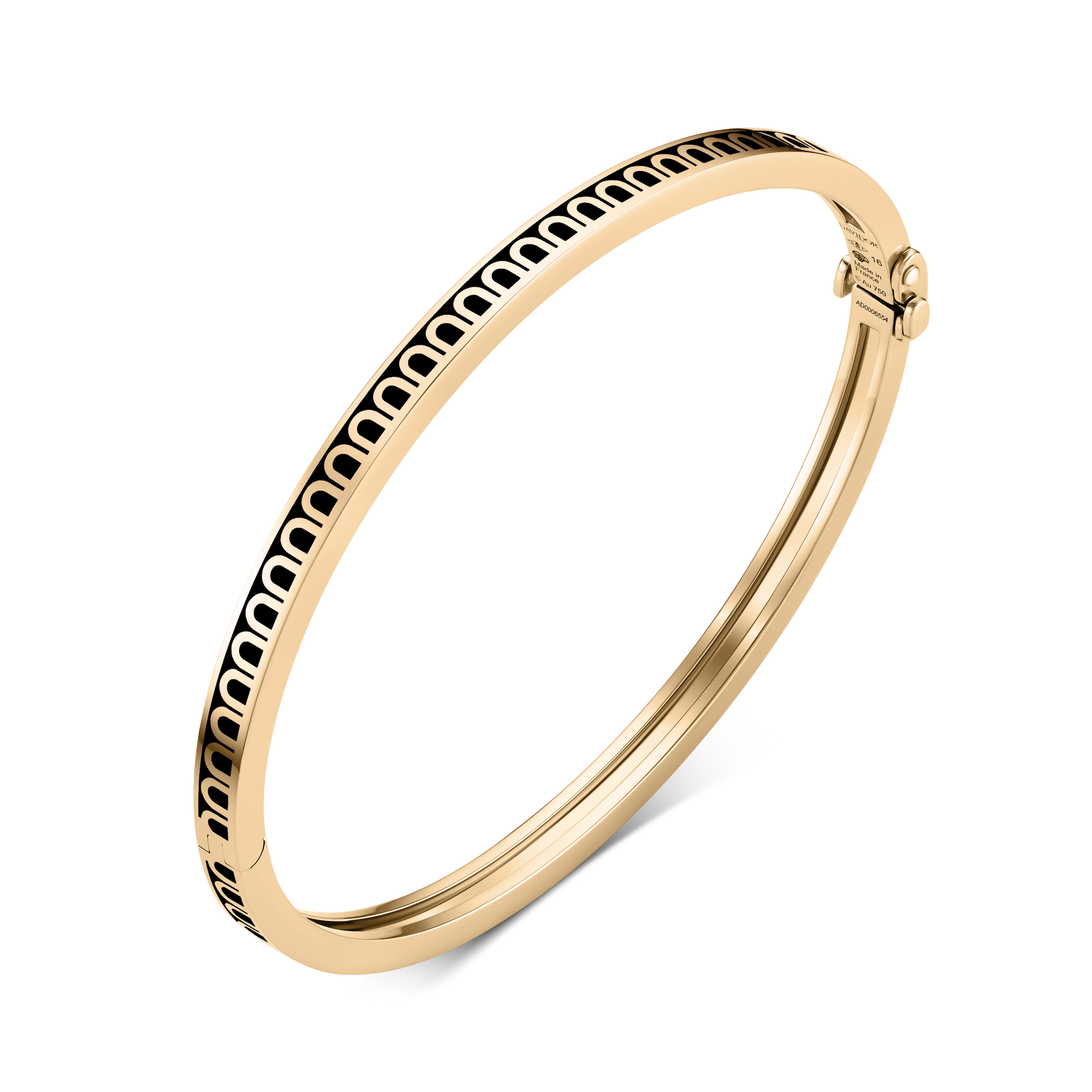 Handcrafted in Paris, the L’Arc de DAVIDOR Bangle Mini features geometric arch motifs in black lacquered ceramic set in 18k yellow gold. This elegant bracelet, shown on a white background, is finished with a hinged clasp closure.