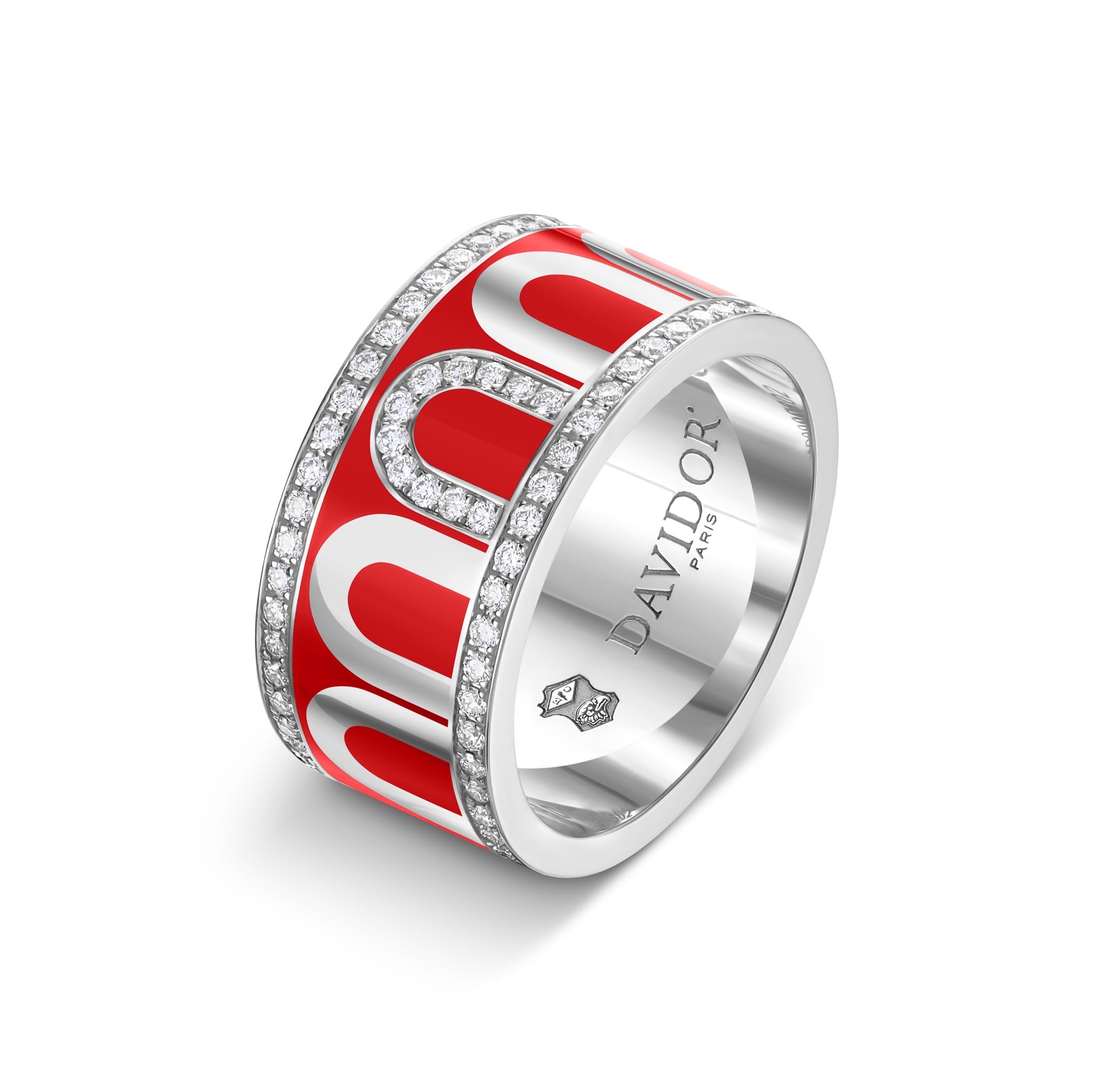 L'Arc de DAVIDOR Ring GM, 18k White Gold with Fraise Lacquered Ceramic and Porta Diamonds - DAVIDOR