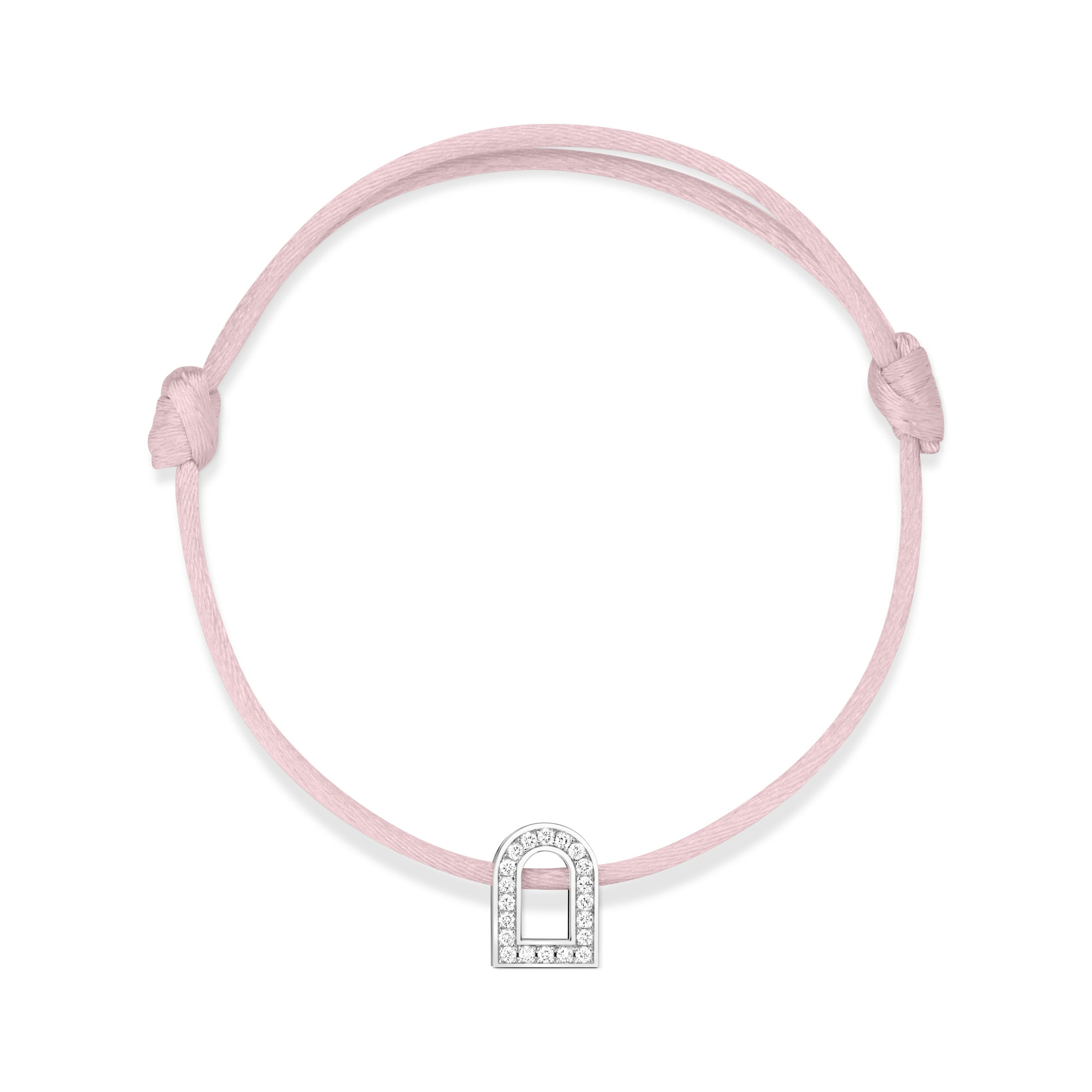 The L'Arc Voyage Charm PM bracelet from the Paris Atelier collection elegantly showcases an 18k white gold, arch-shaped charm embellished with Galerie diamonds. It is beautifully set on a delicate pink silk cord, featuring an adjustable design for a secure fit.