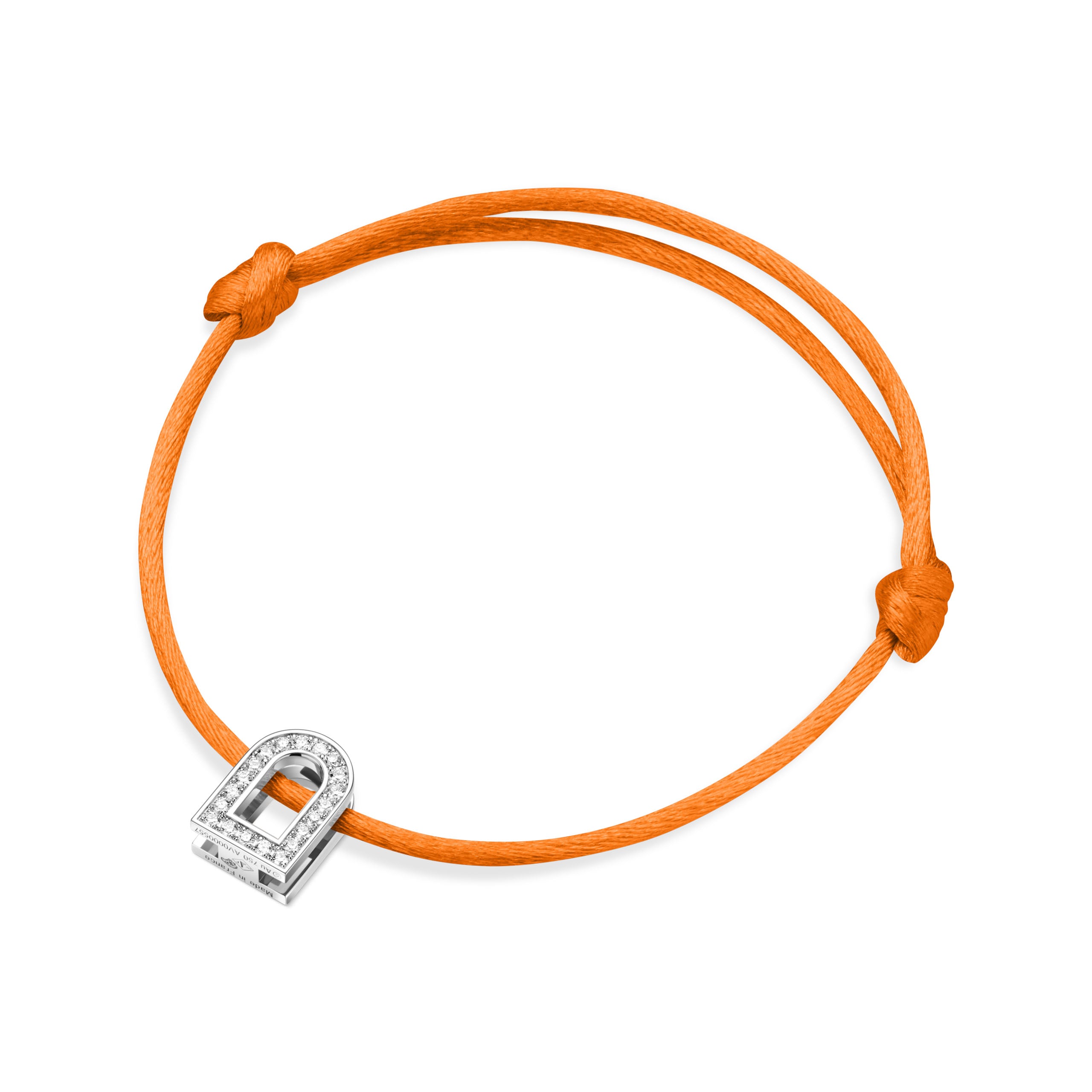 The L'Arc Voyage Charm PM bracelet, crafted in the Paris Atelier, features an exquisite 18k white gold charm adorned with Galerie diamonds on an adjustable orange silk cord.