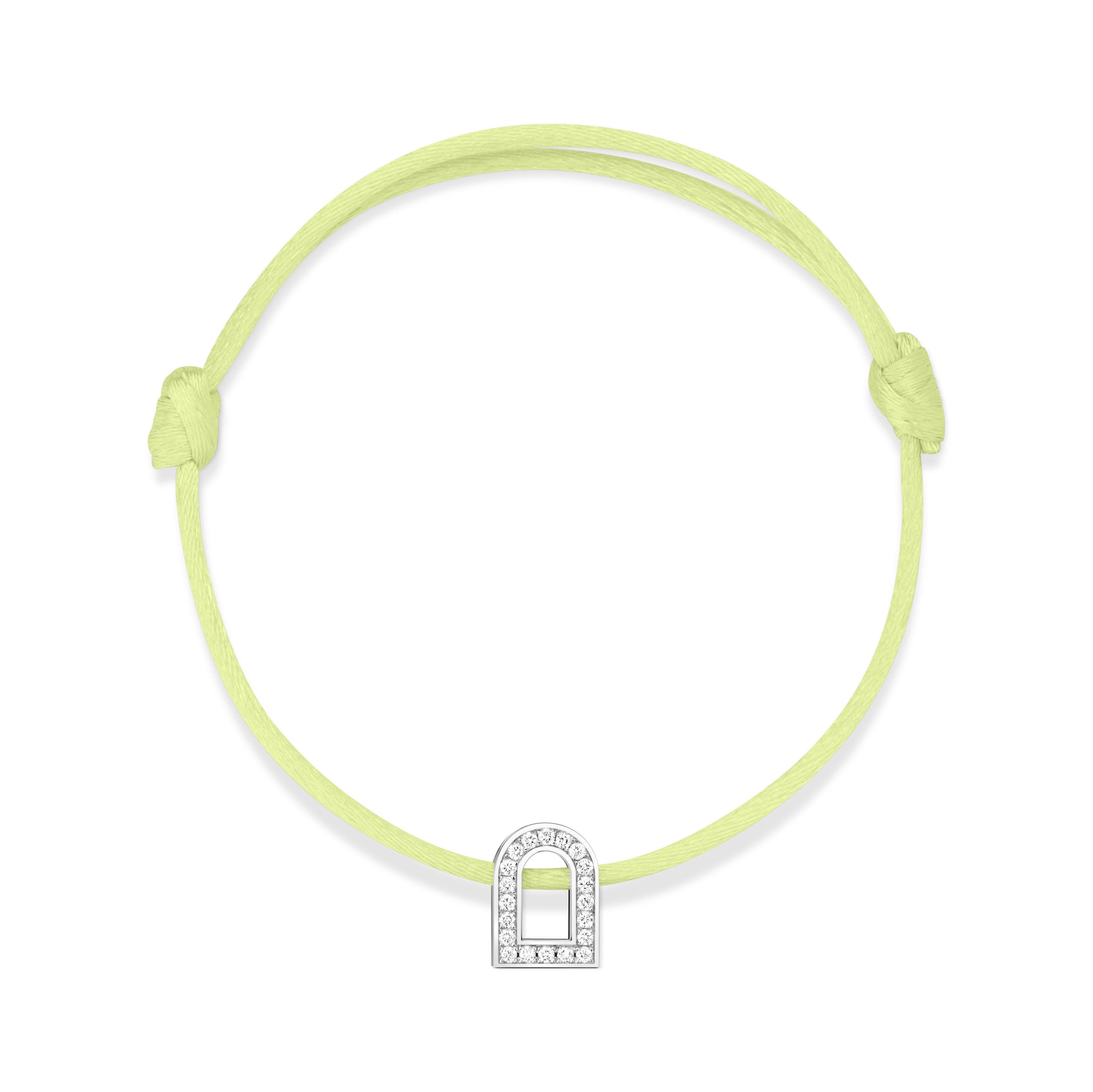 Introducing the L'Arc Voyage Charm PM bracelet from our Paris Atelier collection, featuring an 18k white gold arch-shaped charm adorned with Galerie diamonds. This exquisite piece is beautifully paired with an adjustable light green silk cord.