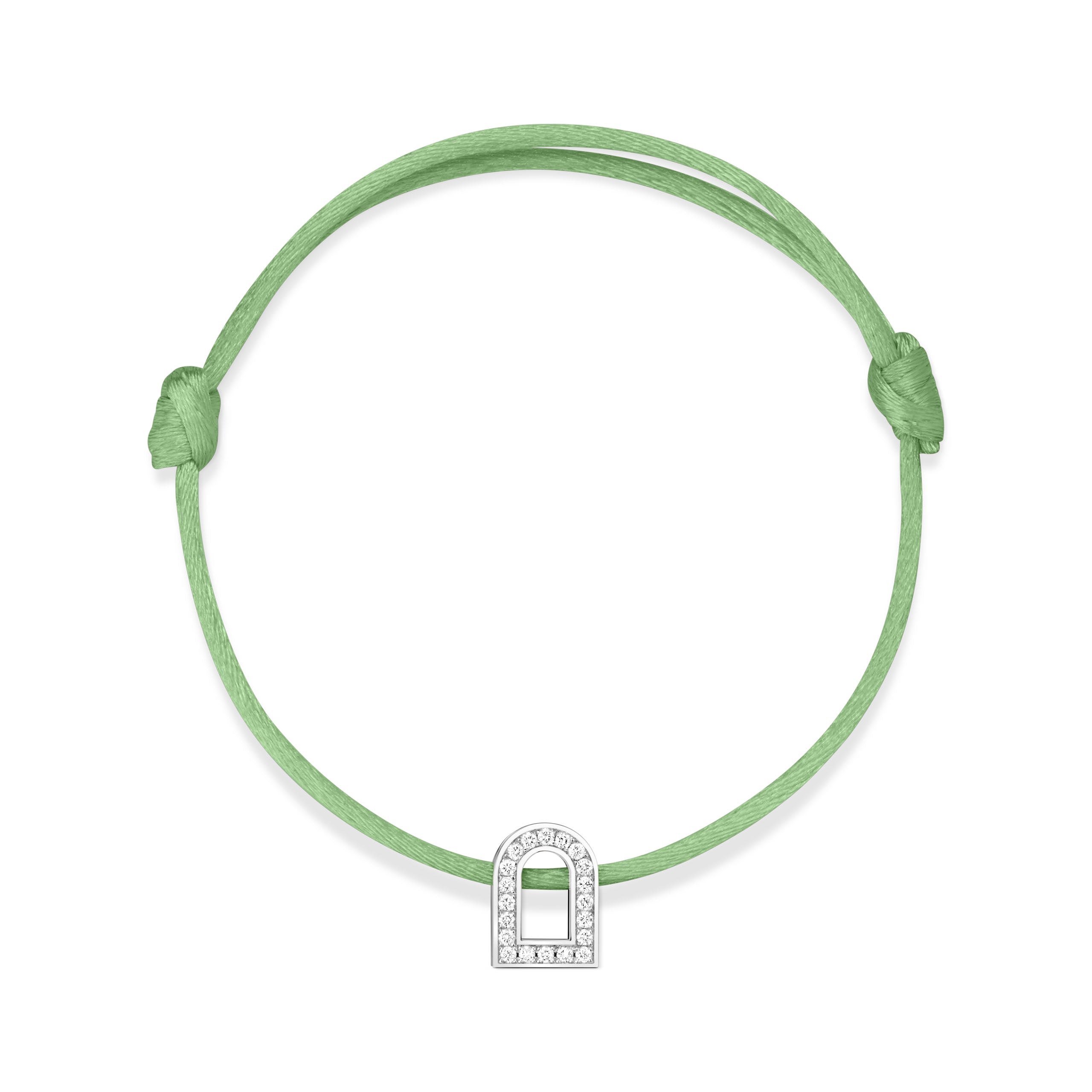 Introducing the L'Arc Voyage Charm PM, a refined bracelet featuring a silk green cord and an 18k white gold pendant adorned with Galerie diamonds in a distinctive horseshoe shape from Paris Atelier. The bracelet includes adjustable knots on either side to ensure a perfect fit.