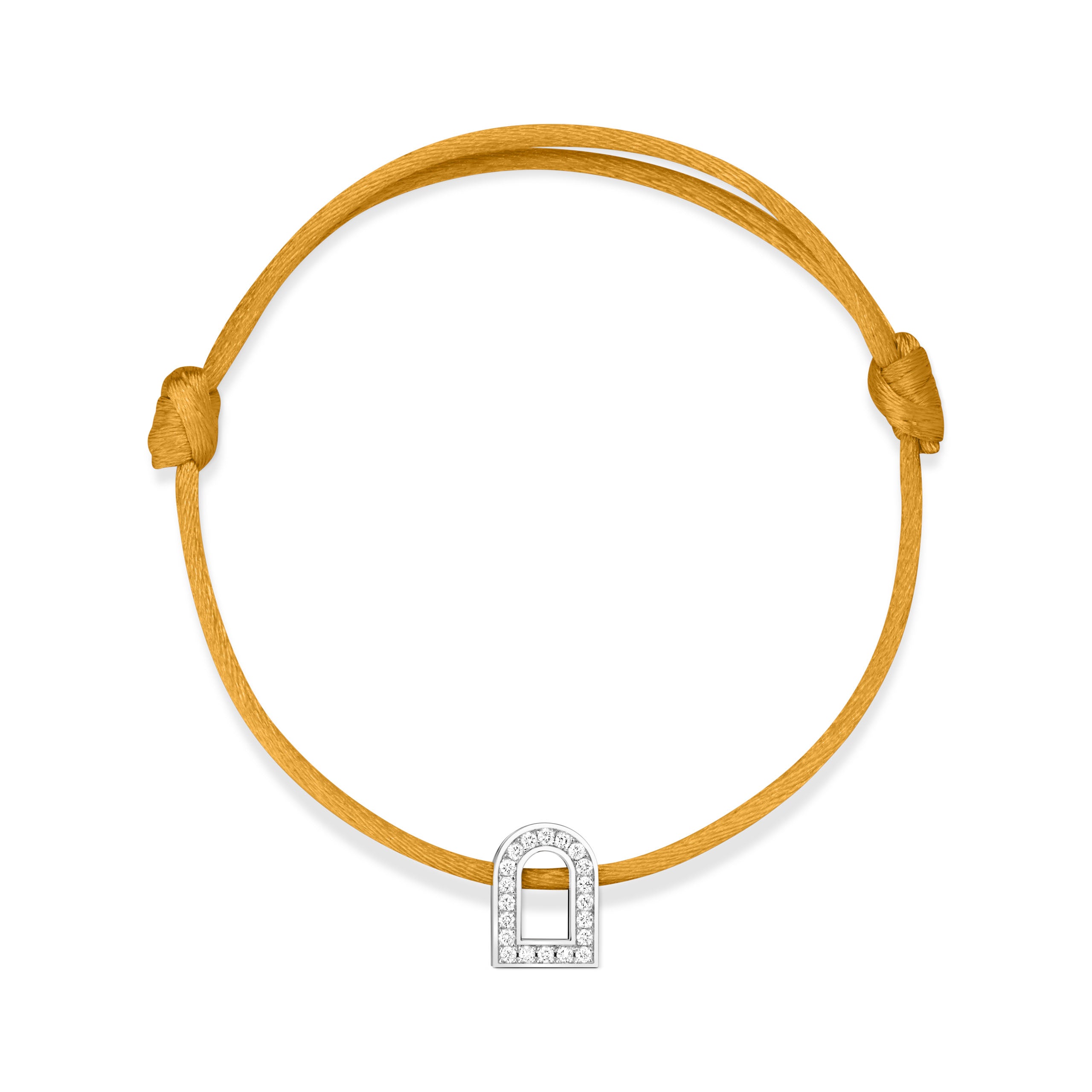 The L'Arc Voyage Charm PM bracelet elegantly showcases an arched doorway charm in 18k white gold, adorned with Galerie diamonds, set on a delicate yellow silk cord. Its minimalist design captures the essence of Paris Atelier's artistry.