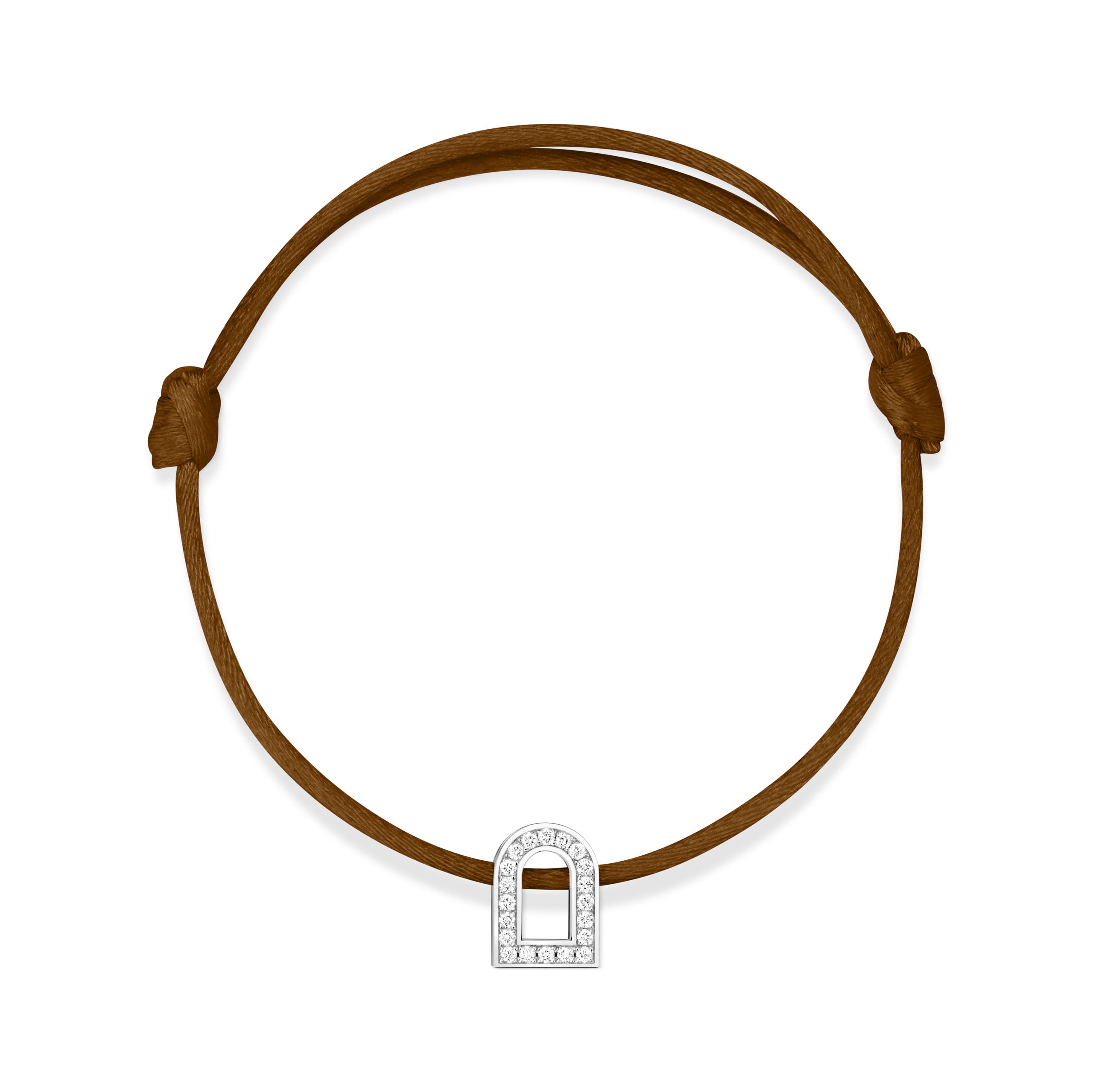 Introducing the L'Arc Voyage Charm PM, an exquisite silk cord bracelet in a simple brown hue with a striking 18k white gold horseshoe pendant adorned with Galerie diamonds. Handcrafted at the Paris Atelier, this bracelet features elegant knots on either side of the pendant, adding an artisanal touch.