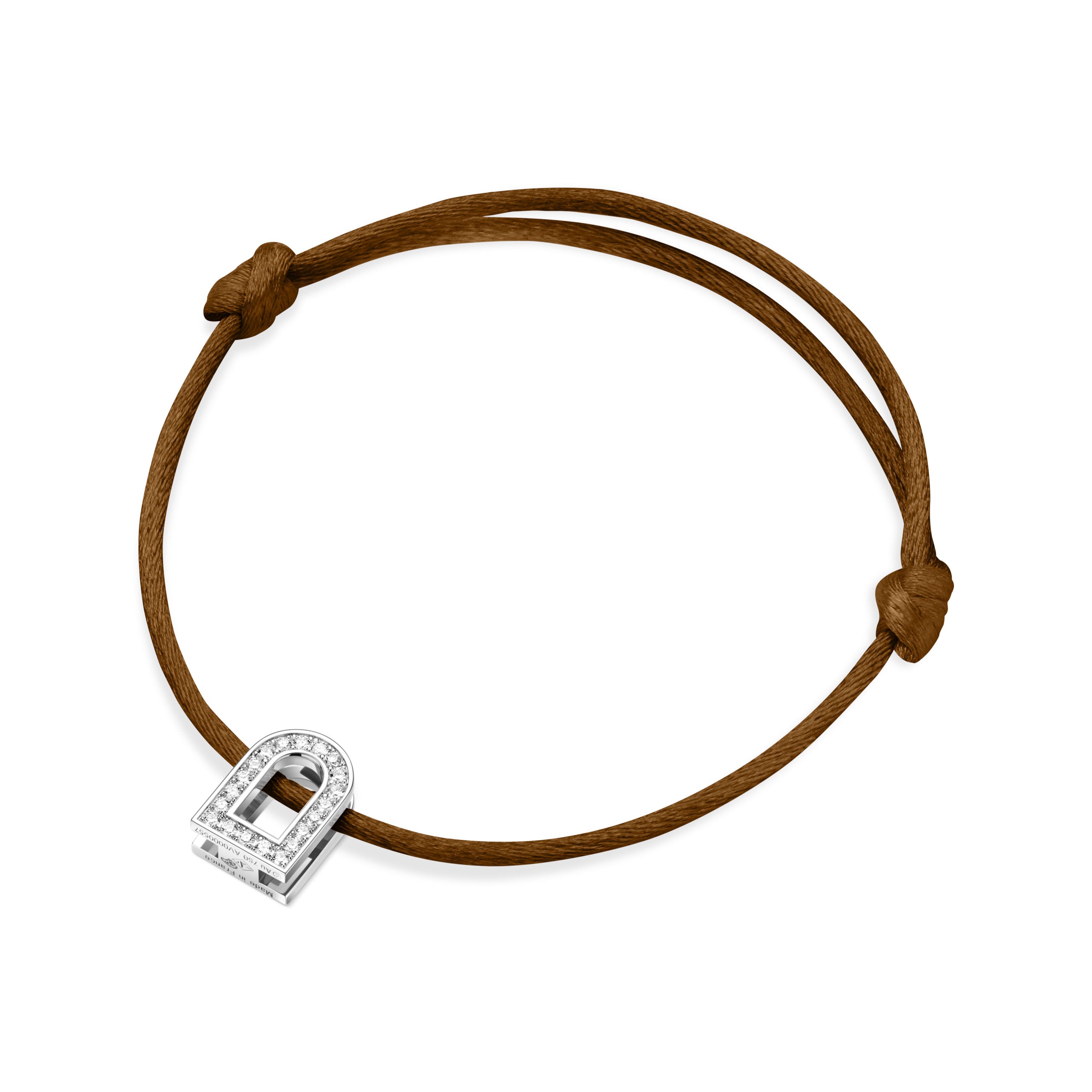 The L'Arc Voyage Charm PM bracelet by Paris Atelier features an 18k white gold lock-shaped charm adorned with Galerie Diamonds, set on a brown silk cord with adjustable knots.