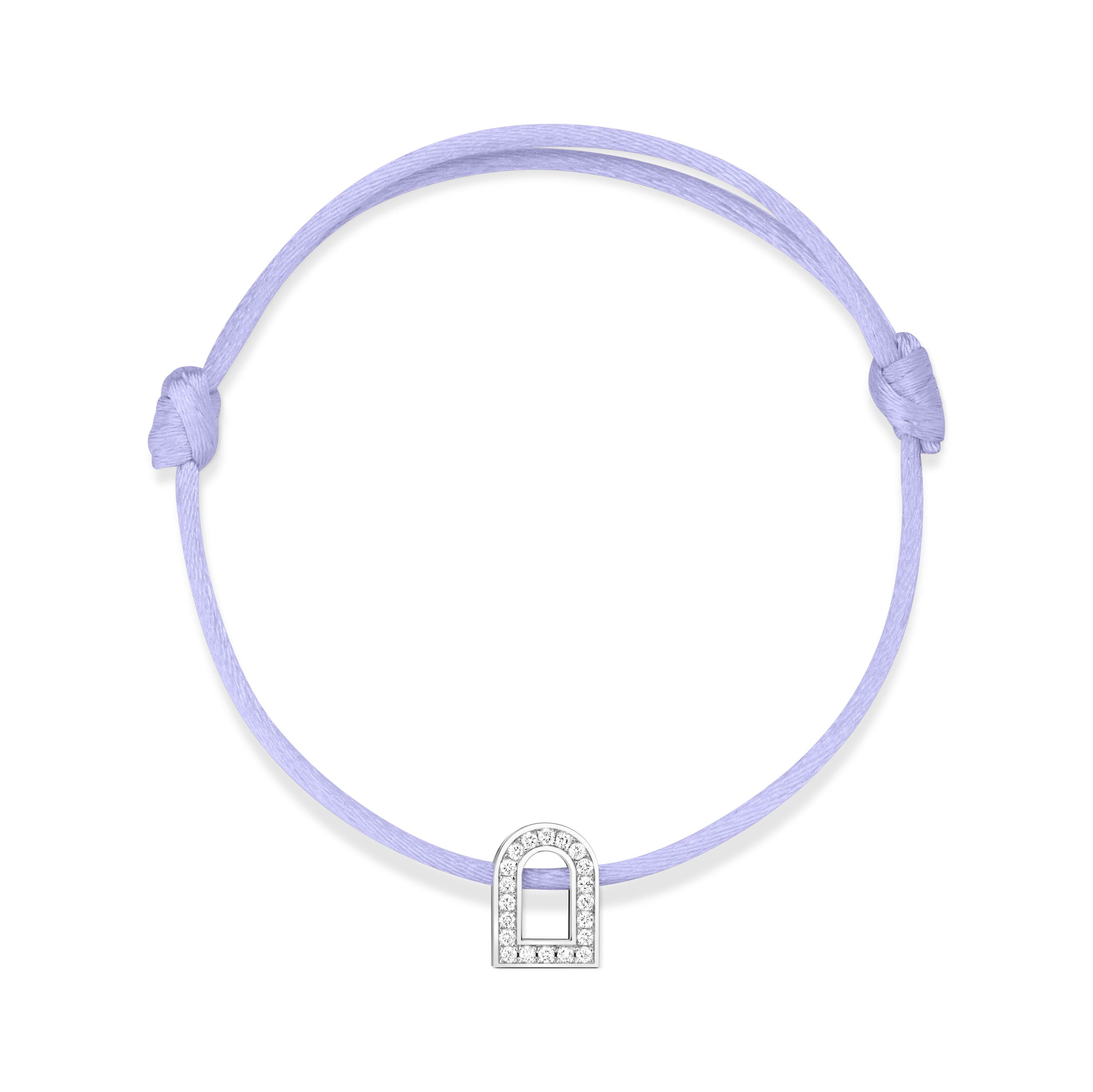 Introducing the L'Arc Voyage Charm PM, an exquisite piece from Paris Atelier. This bracelet features a delicate silk cord in light purple, adorned with an 18k white gold arch-shaped charm embellished with sparkling Galerie diamonds. It also includes adjustable knots on each side for a perfect fit.