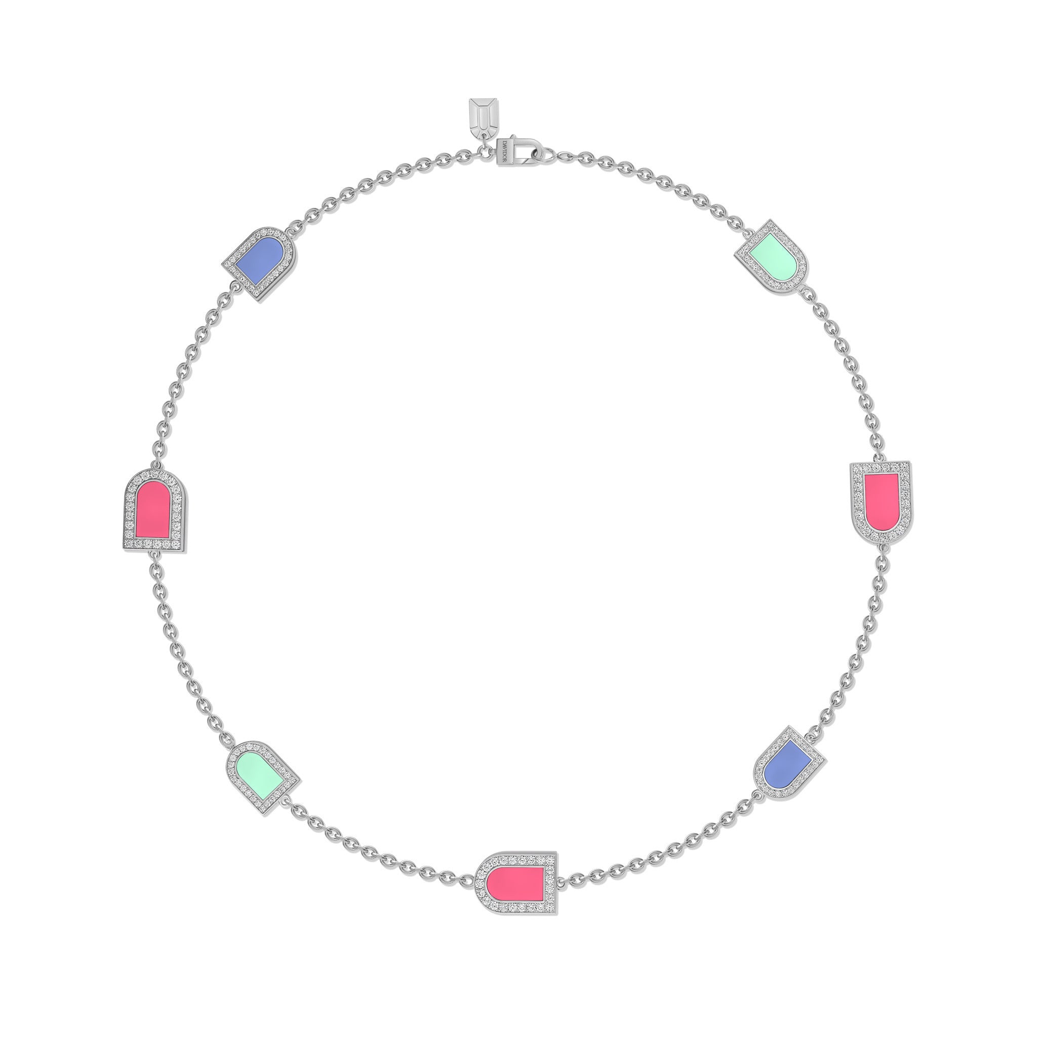 L'Arc Voyage Necklace, 18k White Gold with 4 MM and 3 GM Motifs, with Hortensia, May Rose and Palm Beach Lacquered Ceramic and Galerie Diamonds - DAVIDOR