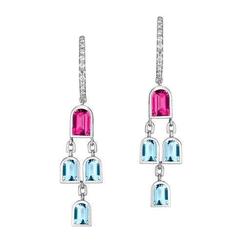 Mosaïque Arch Earrings, 18k White Gold with DAVIDOR Arch Cut Pink Tourmalines and Aquamarines - DAVIDOR