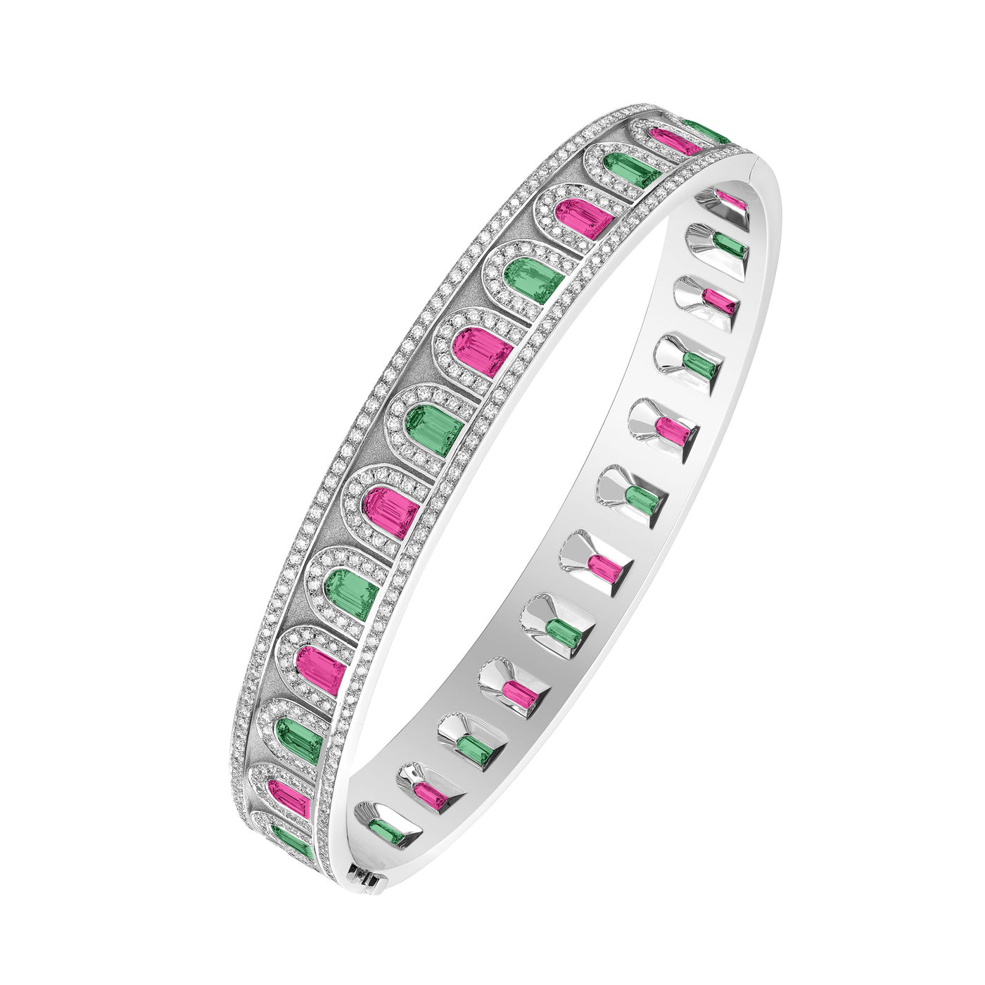 L’Arc Deco Platinum Bangle, DAVIDOR Arch Cut Pink and Green Tourmalines and Brilliant Diamonds - DAVIDOR